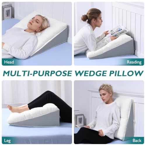 Bed Wedge Pillow for Sleep Apnea 10 Inch Gerd Pillow Patent Dual Layer Triangle Pillow Adjustable Shredded Memory Foam Topper Soft Support Ideal for Acid Reflux, After Surgery, Snoring - size: 24x24x10 Inch