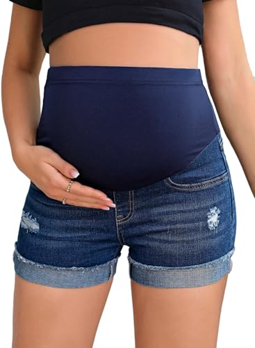 BLENCOT Maternity Jean Shorts Over Belly Stretchy Fold Hem Denim Pants - color: Dark Blue, size: Large