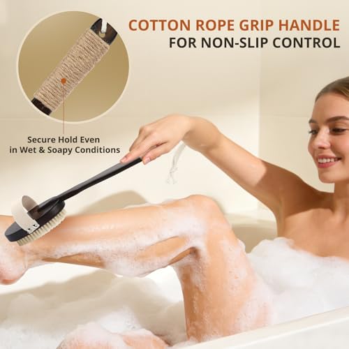 Dry & Wet Body Brush, Natural Boar Bristle Back Scrubber, Brown - color: Dark Brown