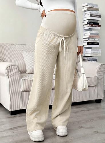 BLENCOT Maternity Pants Over Belly Wide Leg Pregnancy Casual Sweatpants - color: Beige, size: Medium