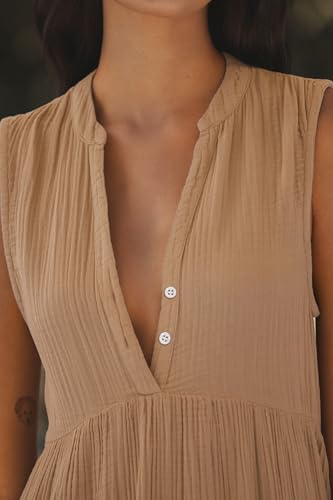R.Vivimos Womens Summer Cotton Button V Neck Maxi Dress - color: Light Khaki, size: Medium