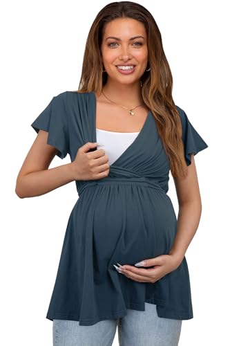 OUGES Women's Wrap Tie Back Short Sleeve Summer Maternity Nursing Tops 2026 - color: Haze Blue, size: X-Large
