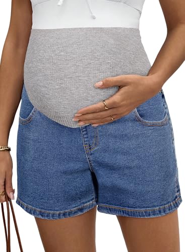 BLENCOT Maternity Jeans Over The Belly Pregnancy Clothes with Pockets - color: Sky Blue, size: Medium