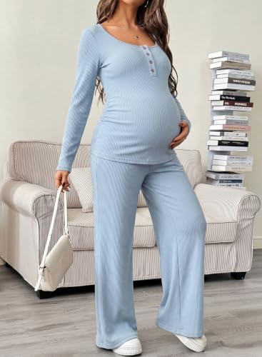 BLENCOT Maternity Clothes Ribbed Long Sleeve Sets Button 2 Piece Outfits - color: Light Blue, size: Large
