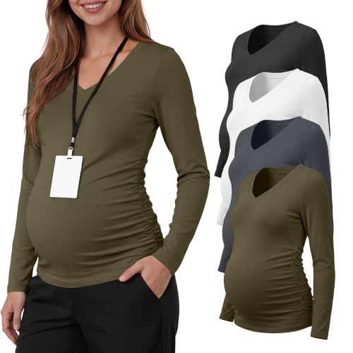 Neer 4 Pack Maternity Long Sleeve V Neck Under Scrub Tops - color: Black, White, Dark Gray, Army Green, size: Large