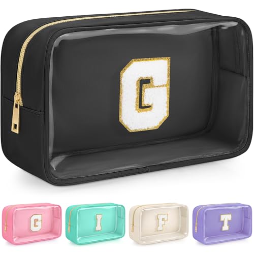Initial Clear Makeup Bag, Birthday Gift Chenille Patch Cosmetic Bag - color: Black, size: G