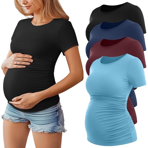 Huukeay 4 Pack Women's Short Sleeve Maternity Tops - color: Black, Lake Blue, Wine Red, Navy Blue, size: XX-Large