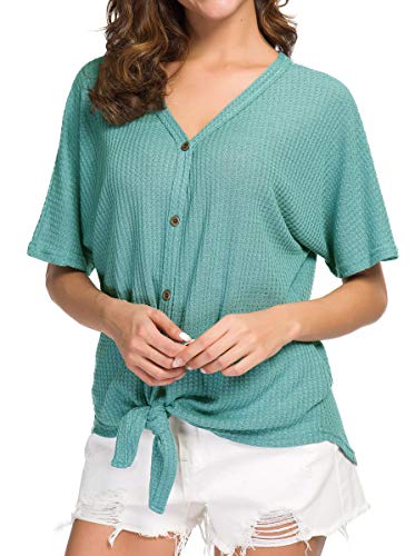 IWOLLENCE Women's Waffle Knit Tunic Blouse Tie Knot Short Sleeve Henley Tops Loose Fitting Bat Wing Shirts - color: C-blue Green, size: Small