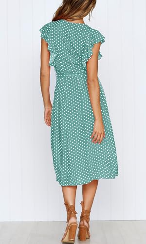 MITILLY Women's Boho Polka Dot Flutter Short Sleeve V Neck Button Down Swing Midi Dress with Pockets - color: 10 Sage, size: Medium