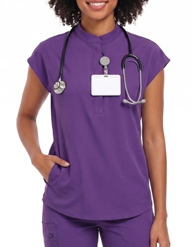 VECARDI Womens Scrub Top Zip Front Dolman Sleeves with Pockets - color: Dark Purple, size: Medium