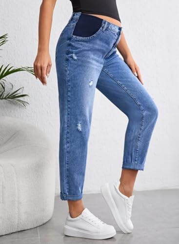 BLENCOT Maternity Jeans High Rise Stretchy Waistband Straight Leg - color: Dark Blue, size: Medium