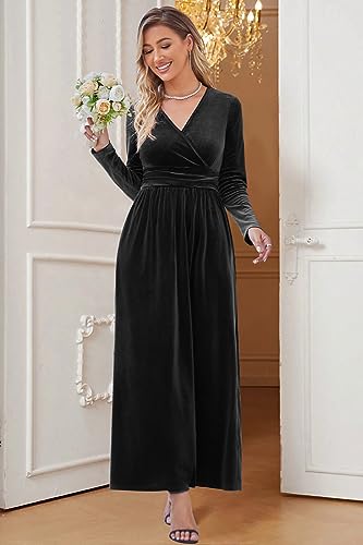 OUGES Women's Warp Pockets Maxi Fall Winter Cocktail Formal Dress 2026 - color: G-velvet Black, size: Small
