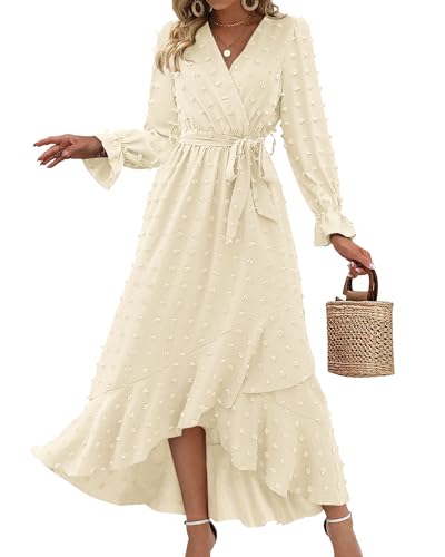 BTFBM Long Sleeve Maxi Dresses for Women Summer - color: Beige, size: Medium
