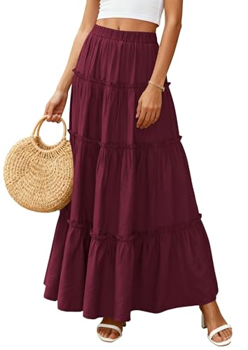 PRETTYGARDEN Women's Boho Tiered Ruffle Flowy Maxi Skirt - color: Burgundy, size: Medium