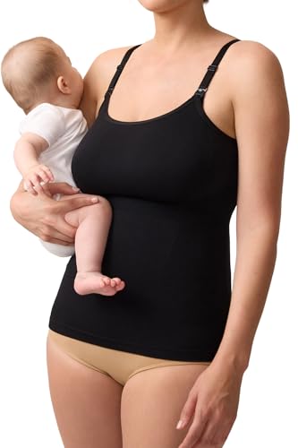 Ingrid & Isabel Nursing & Shaping Cami – Seamless Maternity Tank Top with Adjustable Straps & Easy Breastfeeding Access - color: Black, size: X-Large