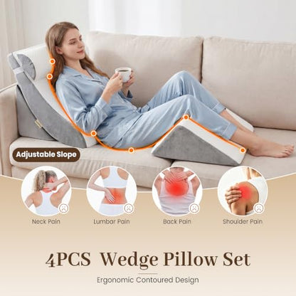 4PCS Wedge Pillow Set,Body Positioner for Post Surgery Recovery - color: White + Gray