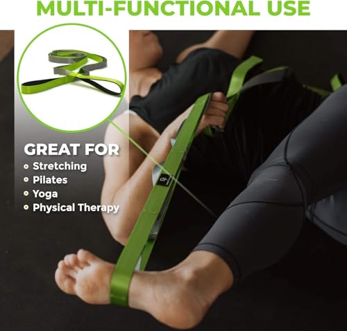 Physical Therapy Yoga Stretch Strap with 12 Loops, 1 Inch Wide, 8 Ft Long - color: Green/Grey