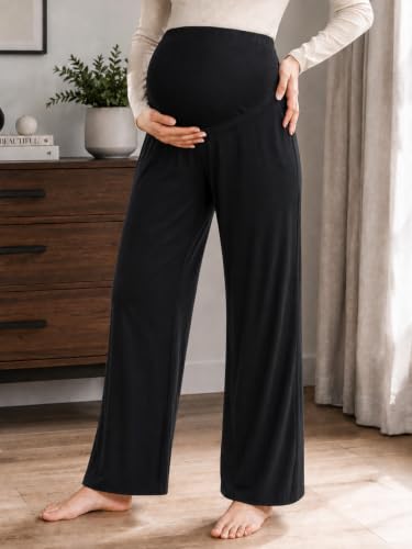 Yousify Womens Maternity Pants Casual Wide Leg Pregnancy Trousers - color: Black, size: Medium