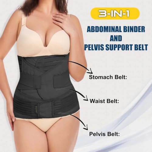 ChongErfei 3 in 1 Postpartum Belly Wrap Recovery Band Belt Abdominal Binder - color: Black, size: X-Large
