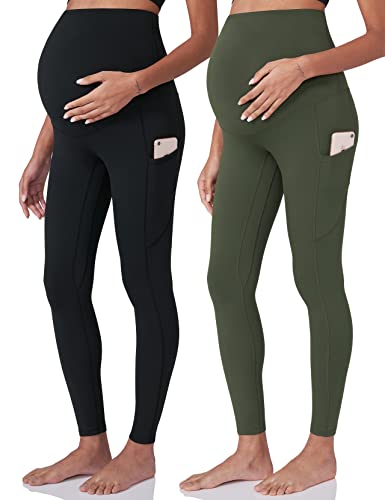 POSHDIVAH Maternity Workout Leggings Pregnancy Yoga Pants Pockets - color: 2pcs Black Green, size: Medium