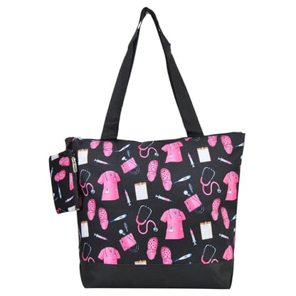 NGIL Medium Canvas Tote Bag with Coin Purse - color: Pink Nurse Print-black