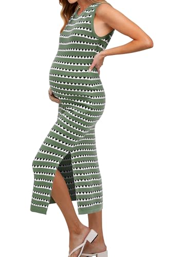 OUGES Women's Sleeveless Striped Bodycon Sweater Maternity Midi Dress - color: Gray Green White Striped, size: Large