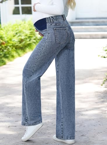 BLENCOT Maternity Jeans for Women Wide Leg Pregnancy Pants - color: Sail Blue, size: Medium