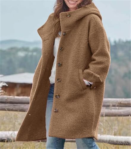 chouyatou Women's Winter Single Breasted Long Wool Coat with Hood Casual Wool Blend Trench Coat Jacket - color: Brown, size: Small
