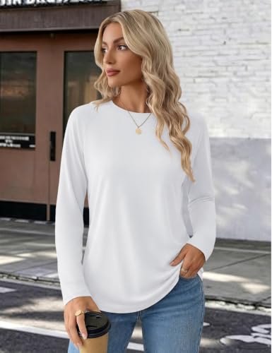 YUCOLEN Women's Long Sleeve Shirts Crew Neck Casual Cotton Basic Tee - color: White, size: X-Large