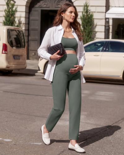 G4Free EverGoing Maternity Work Pants Pregnancy Tapered Ankle Trousers - color: Gray Sage, size: Small