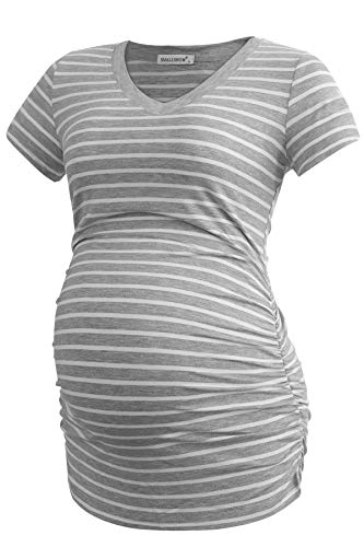 Smallshow Women's V Neck Maternity Clothes Tops Side Ruched Pregnancy T Shirt - color: Black-light Grey-grey Stripe(3 Pack), size: Medium