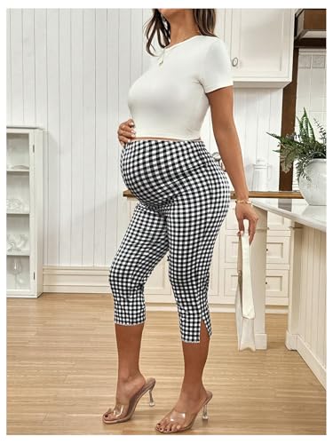 MakeMeChic Women's Maternity Capri Pants Plaid High Waist Workout Leggings - color: Black and White, size: Medium
