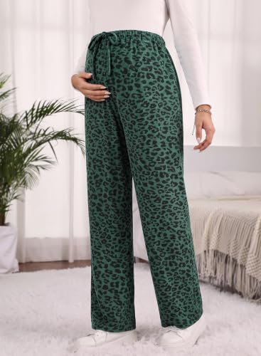BLENCOT Maternity Pants Leopard Wide Leg Drawstring Pregnancy Trousers - color: Green, size: XX-Large