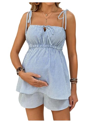 MakeMeChic Women's Maternity 2 Piece Summer Striped Sets - color: Blue, size: X-Small