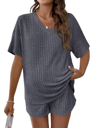 MakeMeChic Women's Maternity 2 Piece Sets Ribbed Shirt and Biker Shorts - color: Grey a, size: Medium