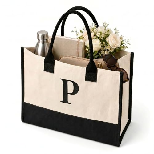 Salt Earth Canvas Tote Bag for Women, Personalized Initial Monogram Tote, Beach Grocery Utility Tote for Travel & Work - color: P, size: Soho Signature