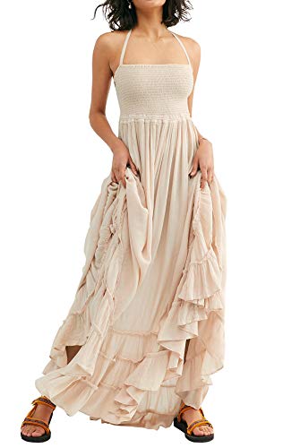 R.Vivimos Womens Summer Boho Sexy Backless Long Dresses - color: Beige, size: Large