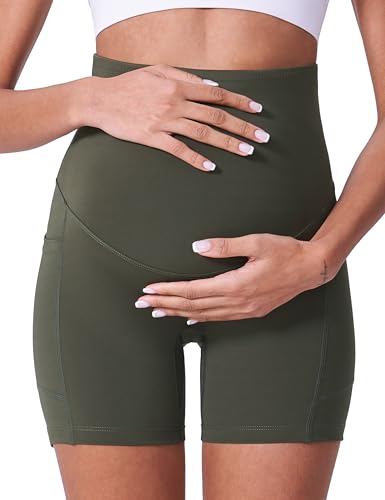 POSHDIVAH 3/4 Pack Maternity Biker Shorts Over The Belly with Pockets 5"/8" - color: Black/Grey/Green 5", size: Small