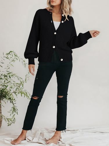 PRETTYGARDEN Women's Chunky Knit Button Up Cardigan Sweaters Outerwear - color: Black, size: Medium