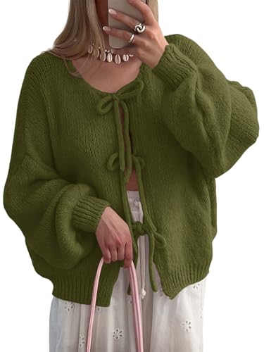 Saodimallsu Womens Tie Front Cardigan Oversized Long Sleeve Bow Sweaters - color: Army Green, size: Small