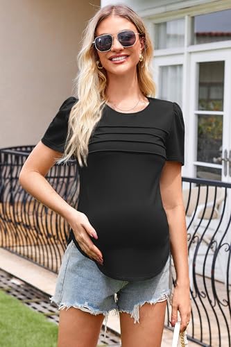 OUGES Womens 2026 Maternity Tops Shirts Pleated Short Sleeve Crew Neck Tunic Summer Casual Pregnancy Clothes - color: Black, size: Large