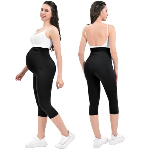 Ipletix Maternity Capris Leggings with Pockets Pregnancy Yoga Pants - color: Black, size: X-Large