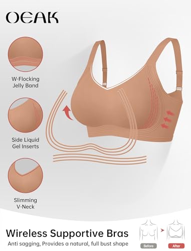 OEAK Women Jelly Bra Wireless Anti Sagging Full Coverage Bras - color: Apricot, size: Large