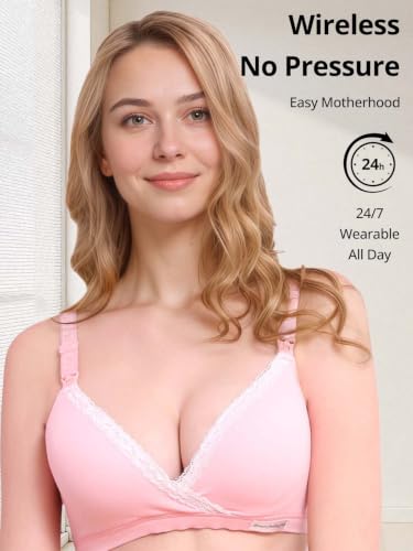 Cross-Front Cotton Nursing Bras - Wireless V Neck Sleep & Lounge Bralette, Comfy Wirefree Pregnancy & Breastfeeding Bra - color: Pink, size: Small
