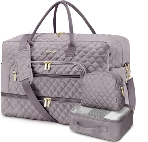 Large Women Travel Duffle Bag, Weekender Bags for Women with Shoe Compartment, Carry on Overnight Bag with Toiletry Bag, Gym Duffel Bag with Wet Pocket, Hospital Bags for Labor and Delivery 3 PCS Set - color: Purple Grey - 3 Pcs