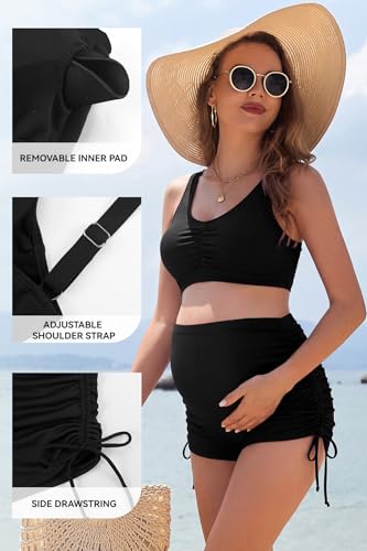 SHEKINI Women's Maternity Swimsuit Maternity Bathing Suit with Adjustable Shorts - color: Black, size: Medium