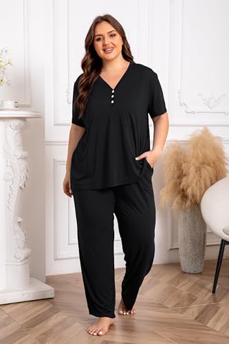 Vozanet Women's Plus Size Pajama Sets V Neck Pants Sets Solid Color Button Sleepwear Soft Loungewear Nighty with Pockets - color: Black, size: 5X-Large