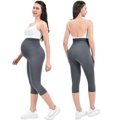 Ipletix Maternity Capris Leggings with Pockets Pregnancy Yoga Pants - color: Grey, size: Large