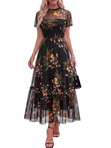 BTFBM Womens Mesh Ruffle Boho Cocktail Dresses - color: Floral Black Yellow, size: Large