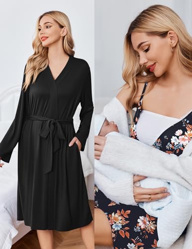 Ekouaer Nursing Nightgown and Maternity Robe Set Labor and Delivery Gown - color: Black Flower, size: Medium